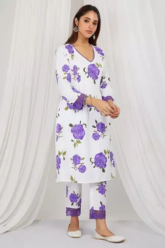 Purple floral printed Kurta set with lace detailing and kota doria dupatta