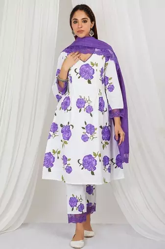Purple floral printed Kurta set with lace detailing and kota doria dupatta