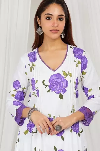 Purple floral printed Kurta set with lace detailing and kota doria dupatta