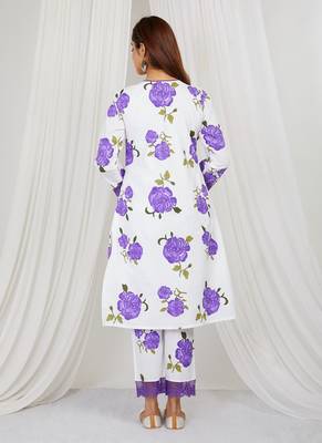 Purple floral printed Kurta set with lace detailing and kota doria dupatta 6