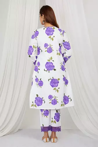 Purple floral printed Kurta set with lace detailing and kota doria dupatta