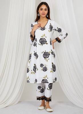 Black floral printed Kurta set with lace detailing and kota doria dupatta 1