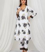 Black floral printed Kurta set with lace detailing and kota doria dupatta
