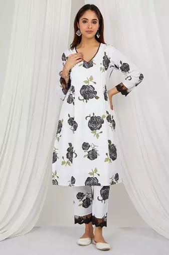 Black floral printed Kurta set with lace detailing and kota doria dupatta