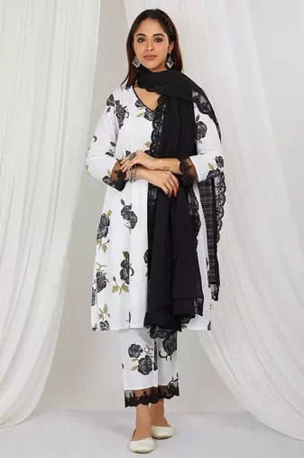 Black floral printed Kurta set with lace detailing and kota doria dupatta
