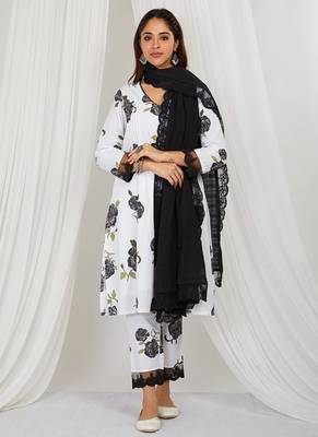 Black floral printed Kurta set with lace detailing and kota doria dupatta 4