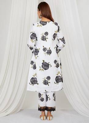 Black floral printed Kurta set with lace detailing and kota doria dupatta 5