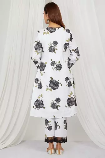Black floral printed Kurta set with lace detailing and kota doria dupatta
