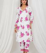 Pink floral printed Kurta set with lace detailing and kota doria dupatta