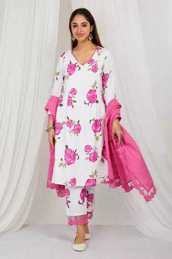 Pink floral printed Kurta set with lace detailing and kota doria dupatta
