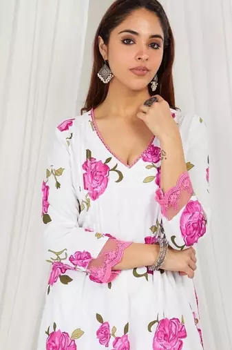 Pink floral printed Kurta set with lace detailing and kota doria dupatta