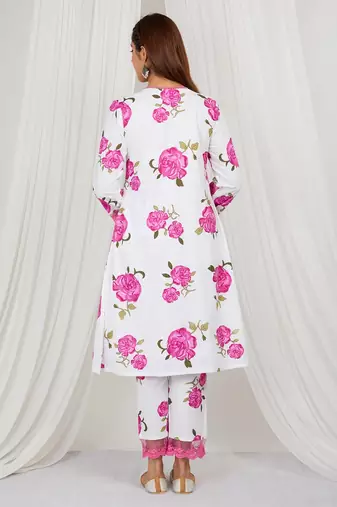 Pink floral printed Kurta set with lace detailing and kota doria dupatta