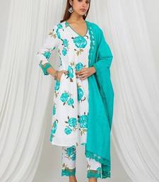 Sea green floral printed Kurta set with lace detailing and kota doria dupatta