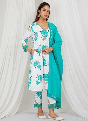 Sea green floral printed Kurta set with lace detailing and kota doria dupatta 1