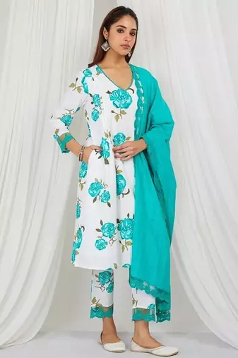 Sea green floral printed Kurta set with lace detailing and kota doria dupatta