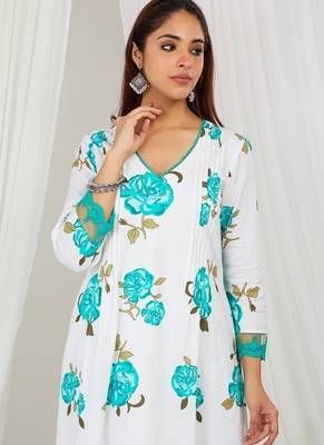 Sea green floral printed Kurta set with lace detailing and kota doria dupatta 4