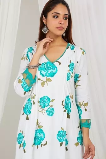 Sea green floral printed Kurta set with lace detailing and kota doria dupatta