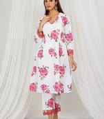 Rose floral printed Kurta set with lace detailing and kota doria dupatta