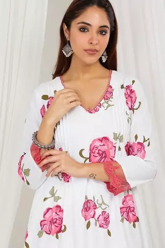 Rose floral printed Kurta set with lace detailing and kota doria dupatta