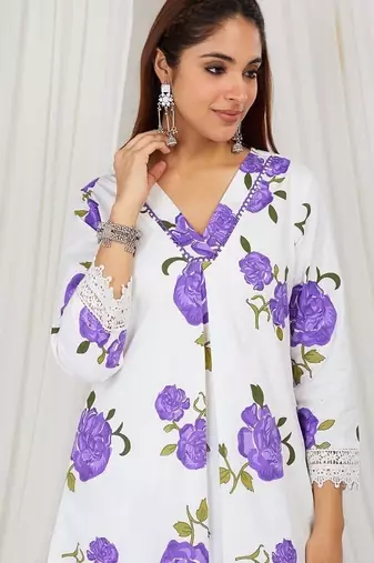 Purple floral printed kurti and pant with lace detailing