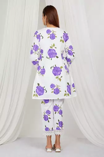 Purple floral printed kurti and pant with lace detailing