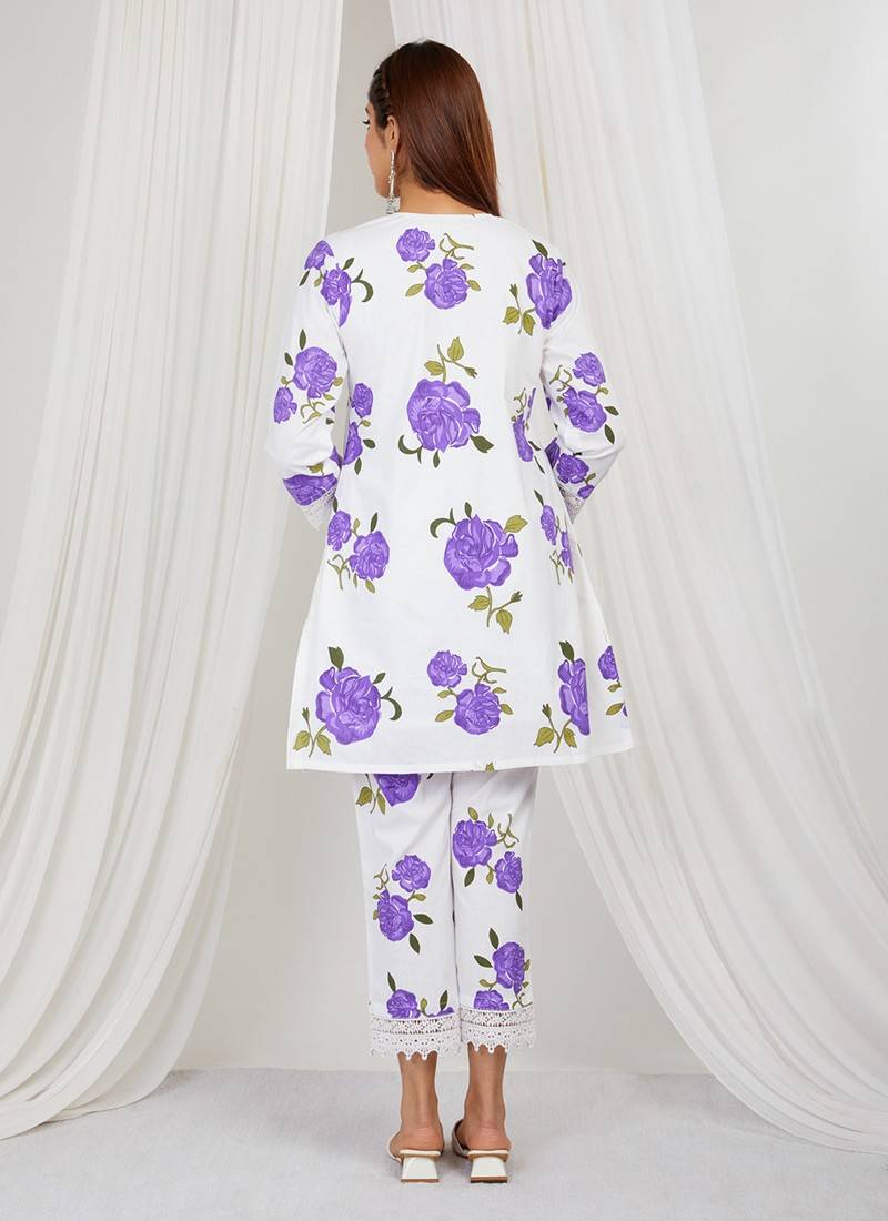 Purple floral printed kurti and pant with lace detailing
