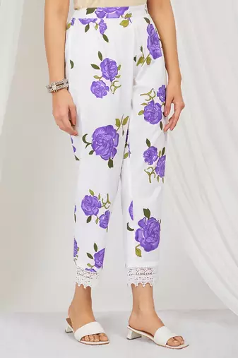 Purple floral printed kurti and pant with lace detailing
