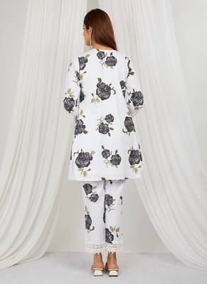 Black floral printed kurti and pant with lace detailing 4