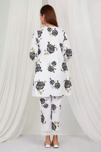 Black floral printed kurti and pant with lace detailing