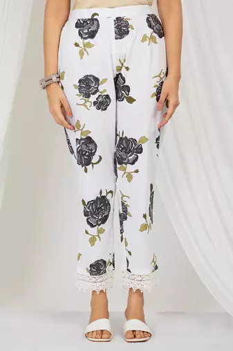 Black floral printed kurti and pant with lace detailing