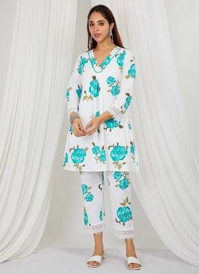 Sea blue floral printed kurti and pant with lace detailing 1