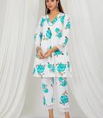 Sea blue floral printed kurti and pant with lace detailing