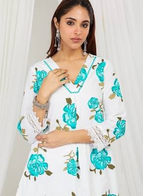 Sea blue floral printed kurti and pant with lace detailing 2