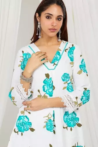 Sea blue floral printed kurti and pant with lace detailing