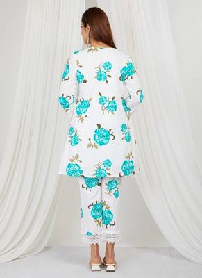 Sea blue floral printed kurti and pant with lace detailing 3