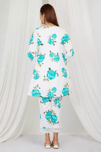 Sea blue floral printed kurti and pant with lace detailing