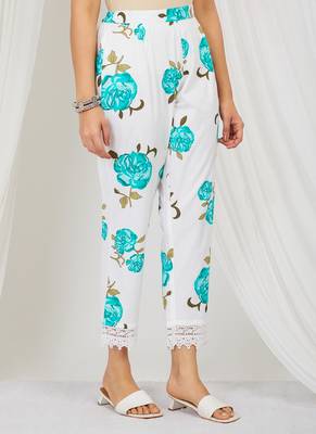 Sea blue floral printed kurti and pant with lace detailing 4