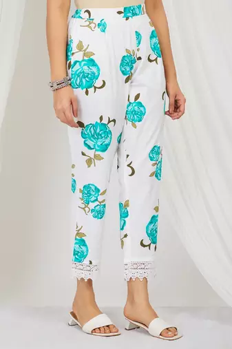 Sea blue floral printed kurti and pant with lace detailing