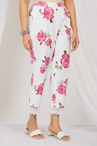 Rose pink floral printed kurti and pant with lace detailing