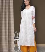 Hand embroidered white georgette lucknowi chikankari straight kurta and slip with gota patti work