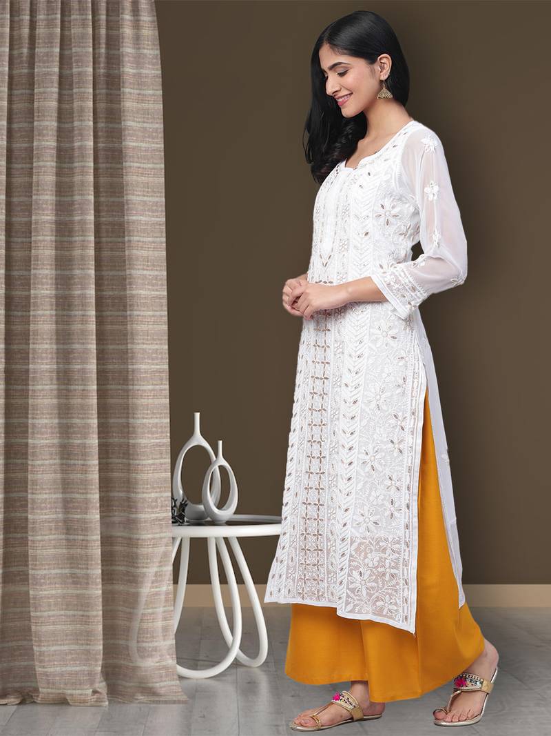 Hand embroidered white georgette lucknowi chikankari straight kurta and slip with gota patti work