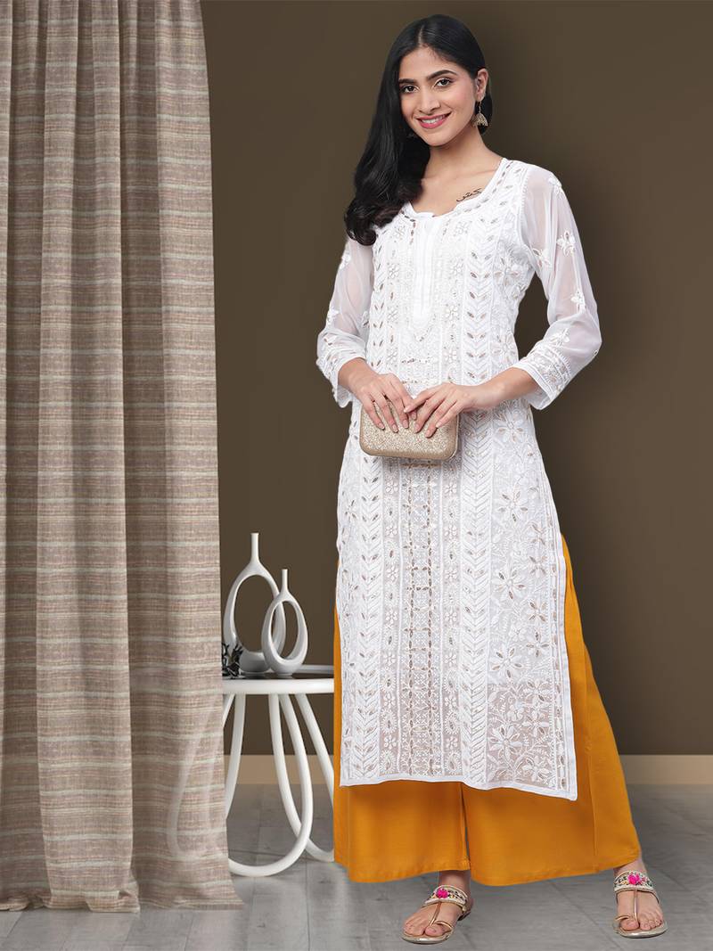 Hand embroidered white georgette lucknowi chikankari straight kurta and slip with gota patti work