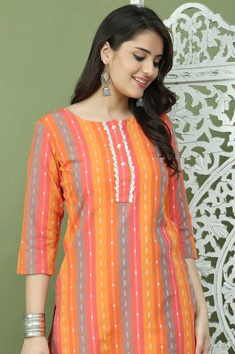 Orange lace work, woven design straight kurta