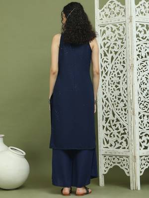 Navy blue embroidered rayon kurta for women 2