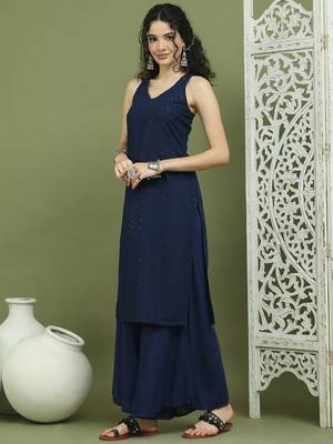 Navy blue embroidered rayon kurta for women 3