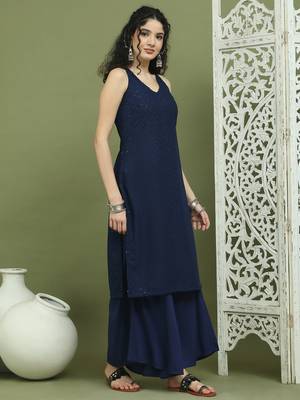 Navy blue embroidered rayon kurta for women 4