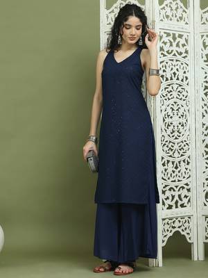 Navy blue embroidered rayon kurta for women 5