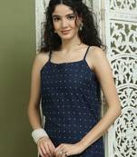Navy blue screen-printed cotton kurta