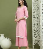 Pink lace work, woven design straight kurtas for women