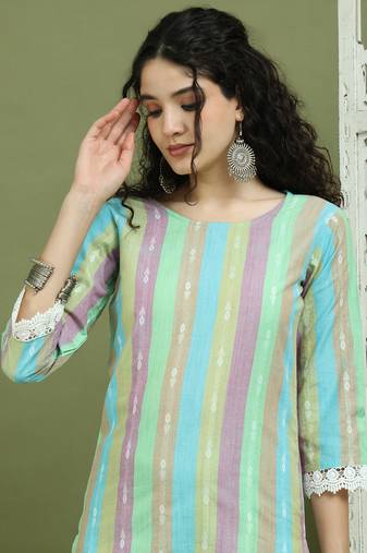 Green lace work, woven design straight kurtas for women